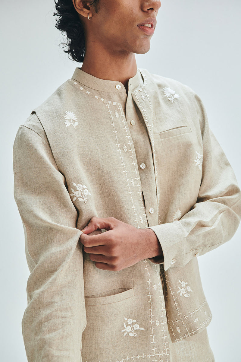 Undyed Linen Embroidered Men’s Collarless Nehru Jacket Set linen co-ord set by Saphed Men in off-white for men Worldwide