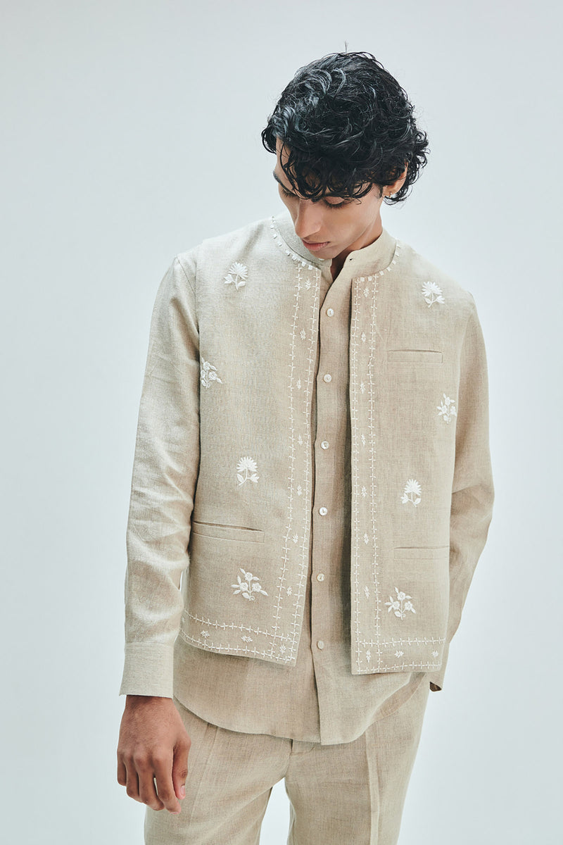 Undyed Linen Embroidered Men’s Collarless Nehru Jacket linen jacket by Saphed Men in off-white for men Worldwide