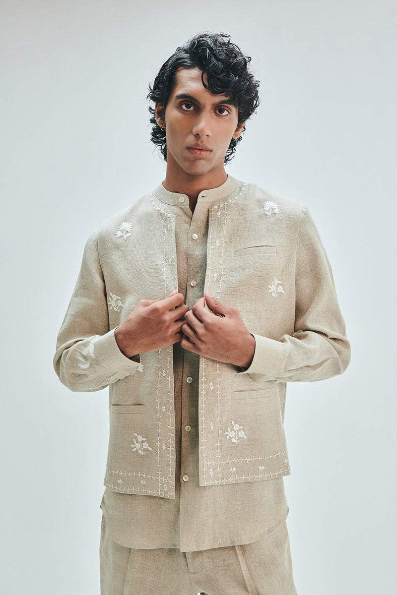 Undyed Linen Embroidered Men’s Collarless Nehru Jacket linen jacket by Saphed Men in off-white for men Worldwide