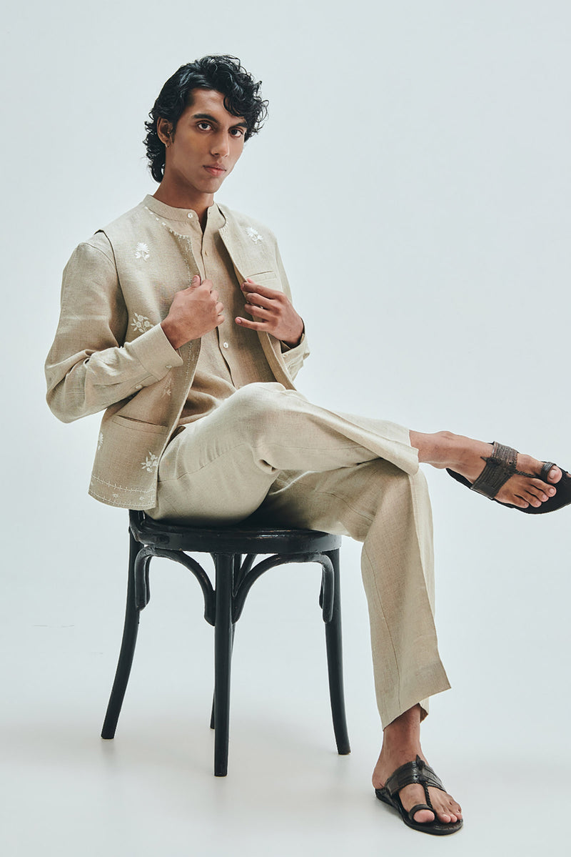 Undyed Linen Embroidered Men’s Collarless Nehru Jacket Set linen co-ord set by Saphed Men in off-white for men Worldwide