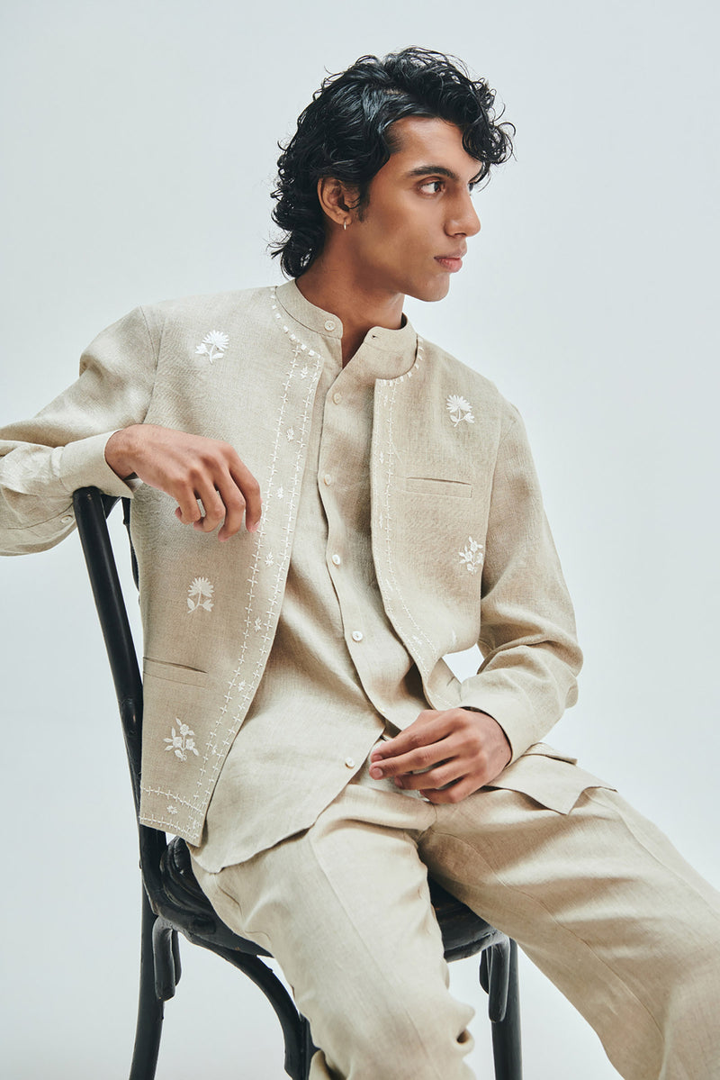 Undyed Linen Embroidered Men’s Collarless Nehru Jacket Set linen co-ord set by Saphed Men in off-white for men Worldwide