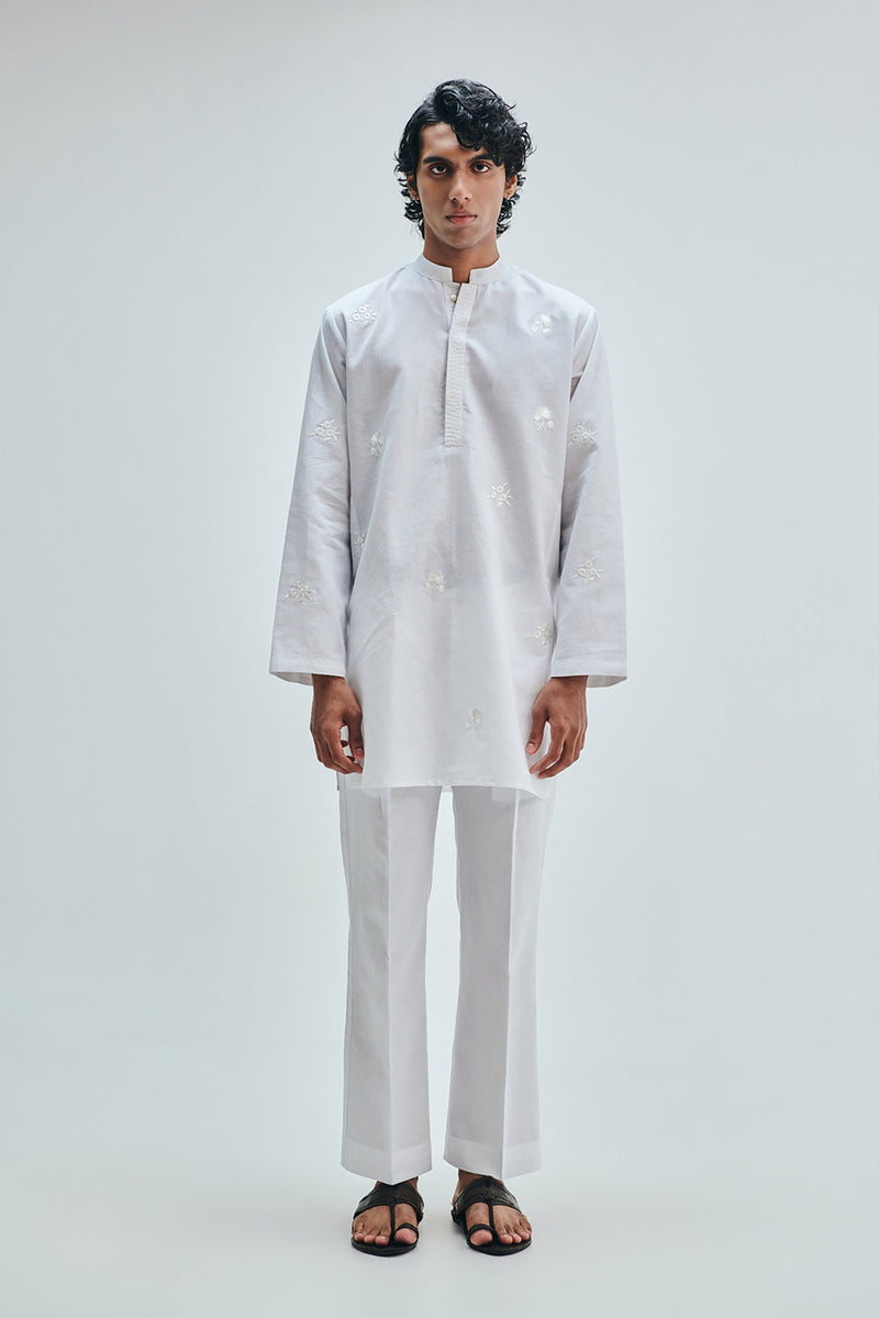 Taj Co-Linen Embroidered Men’s Band Collar Kurta Set cotton linen kurta/kurta set by Saphed Men in white for men Worldwide