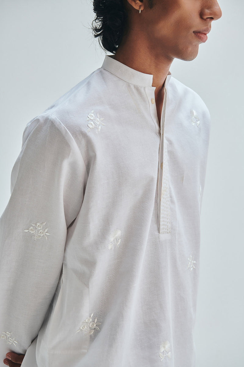 Taj Co-Linen Embroidered Men’s Band Collar Kurta Set cotton linen kurta/kurta set by Saphed Men in white for men Worldwide