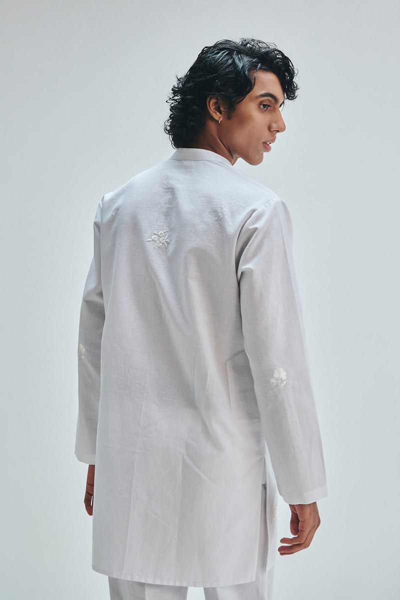 Taj Co-Linen Embroidered Men’s Band Collar Kurta Set cotton linen kurta/kurta set by Saphed Men in white for men Worldwide