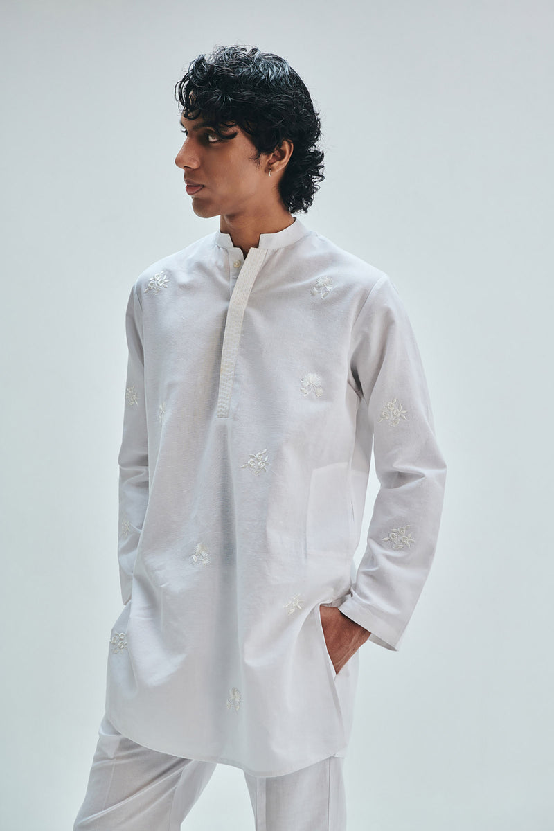 Taj Co-Linen Embroidered Men’s Band Collar Kurta Set cotton linen kurta/kurta set by Saphed Men in white for men Worldwide