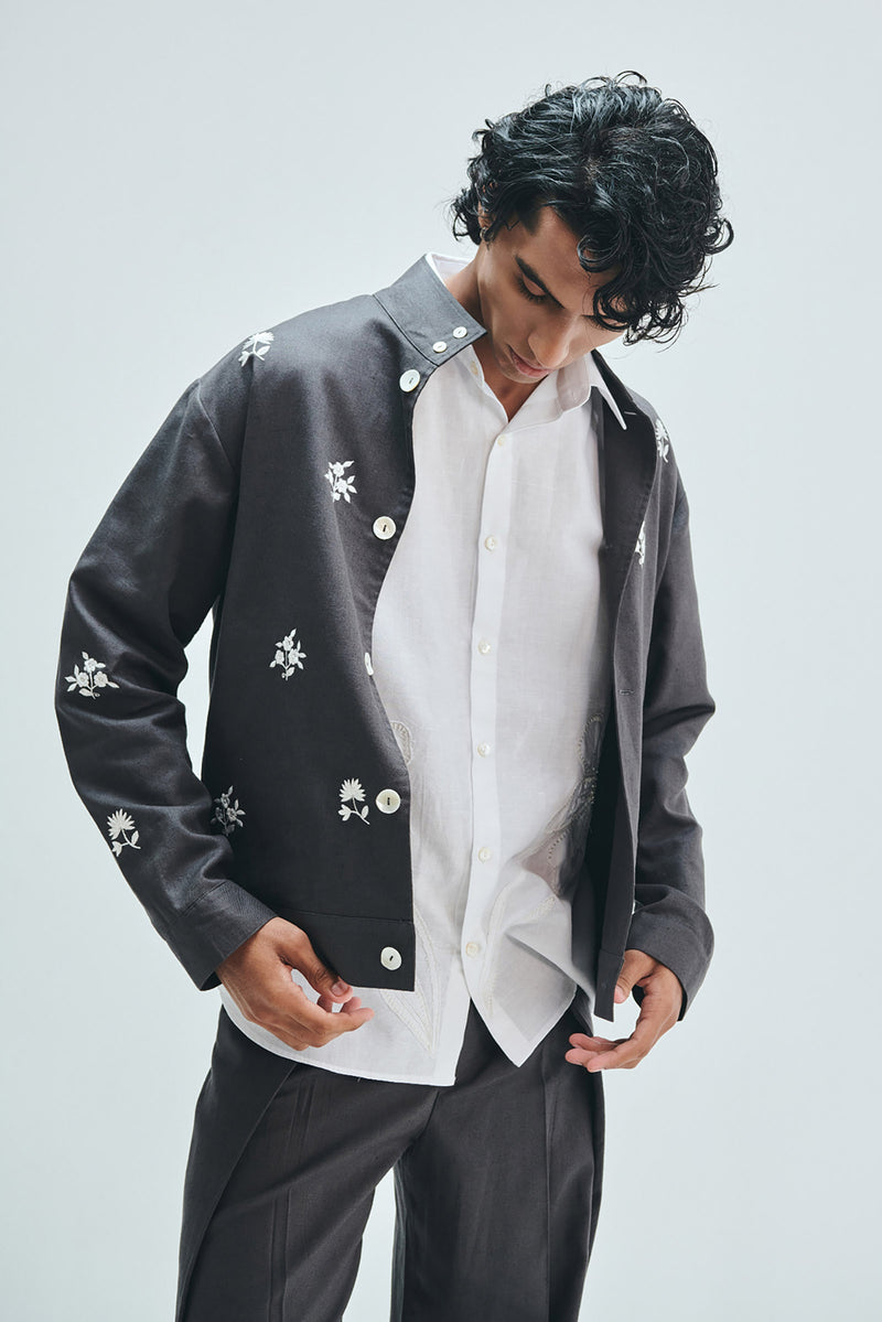 Pebble Co-Linen Embroidered Men’s Stand Collar Jacket cotton linen jacket by Saphed Men in grey for men Worldwide