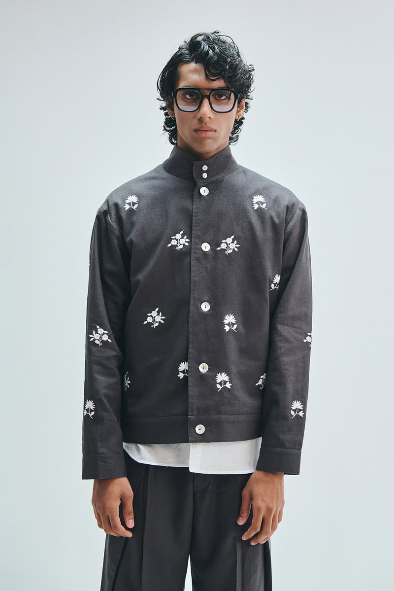Pebble Co-Linen Embroidered Men’s Stand Collar Jacket cotton linen jacket by Saphed Men in grey for men Worldwide