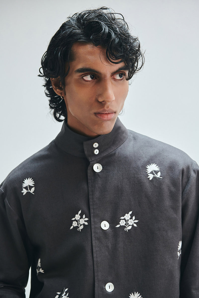 Pebble Co-Linen Embroidered Men’s Stand Collar Jacket cotton linen jacket by Saphed Men in grey for men Worldwide