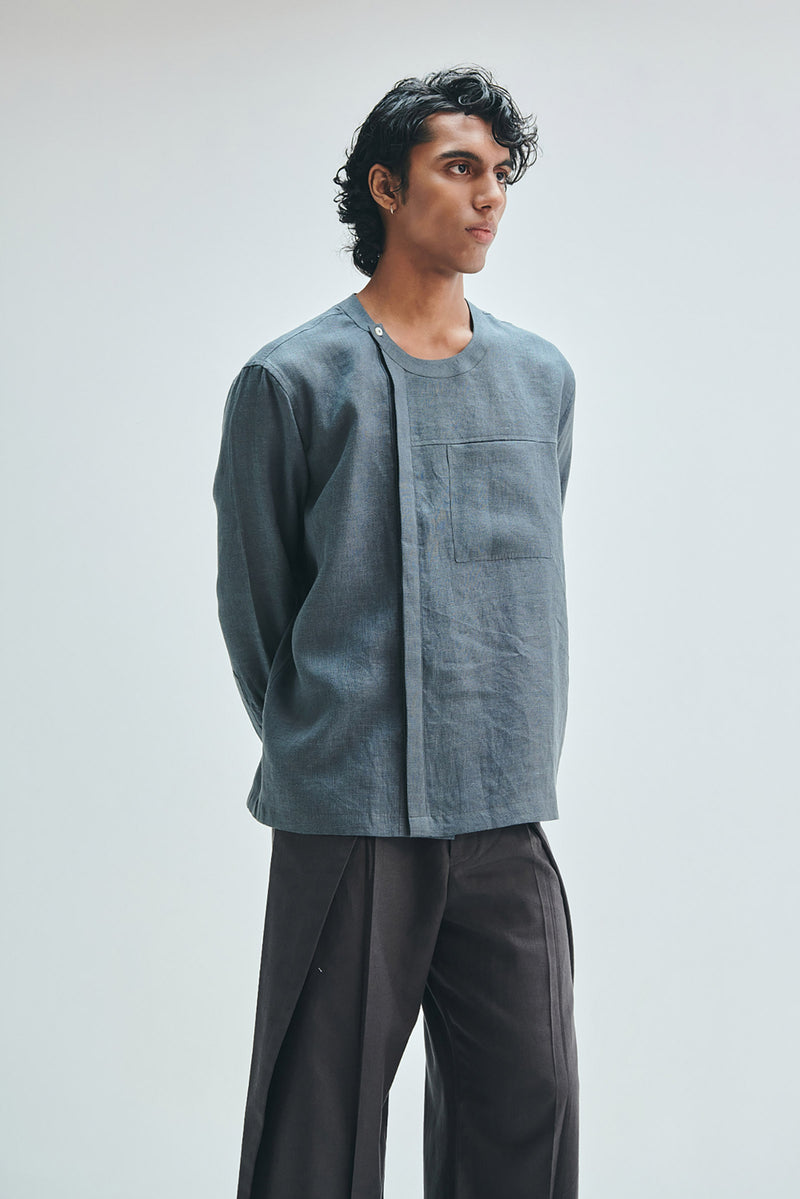 Slate Linen Men’s Side Placket Shirt linen shirt by Saphed Men in grey for men Worldwide