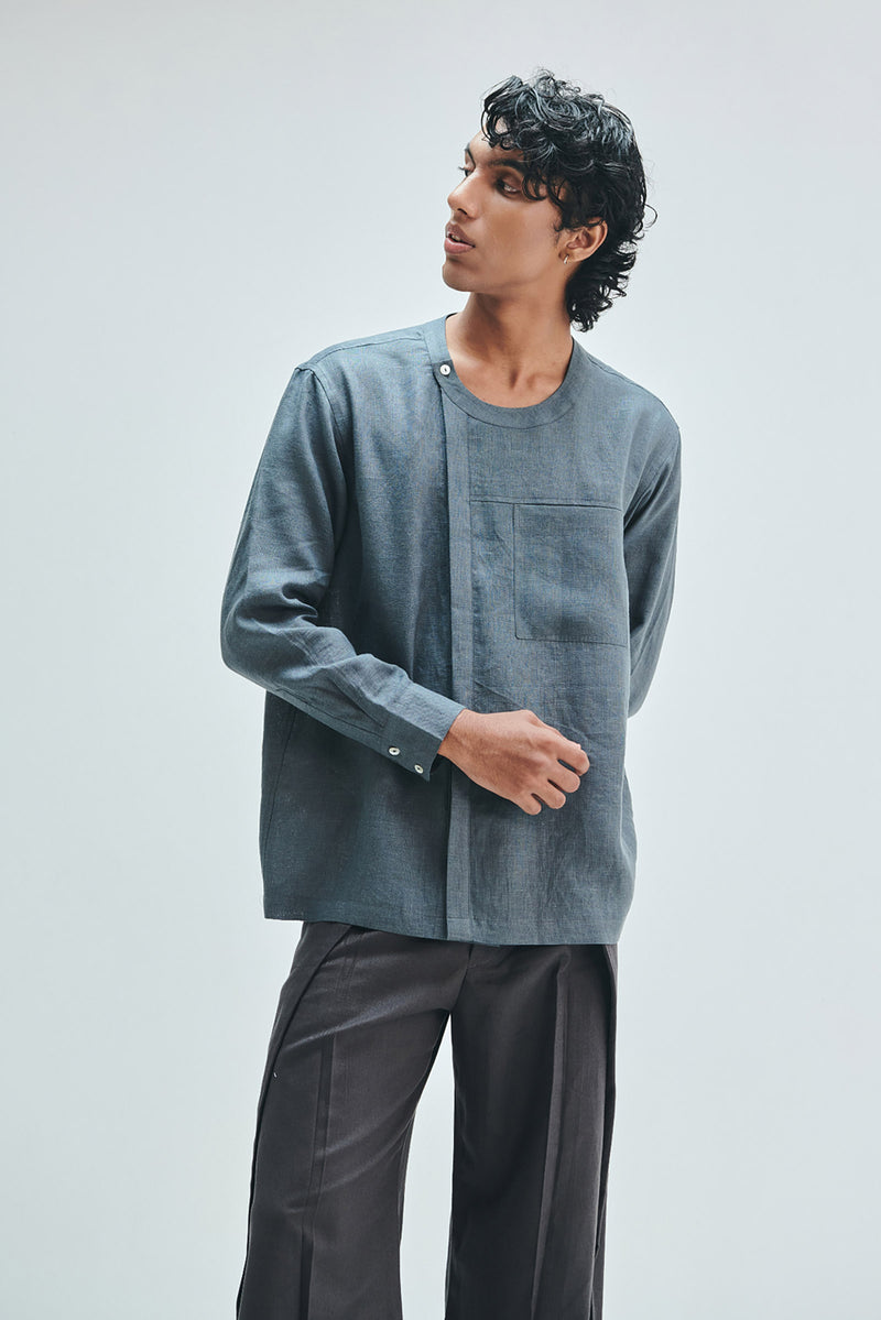 Slate Linen Men’s Side Placket Shirt linen shirt by Saphed Men in grey for men Worldwide