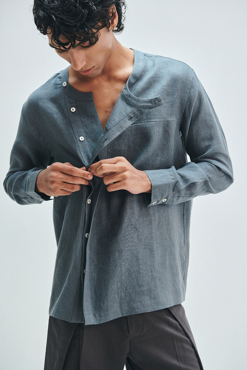 Slate Linen Men’s Side Placket Shirt linen shirt by Saphed Men in grey for men Worldwide