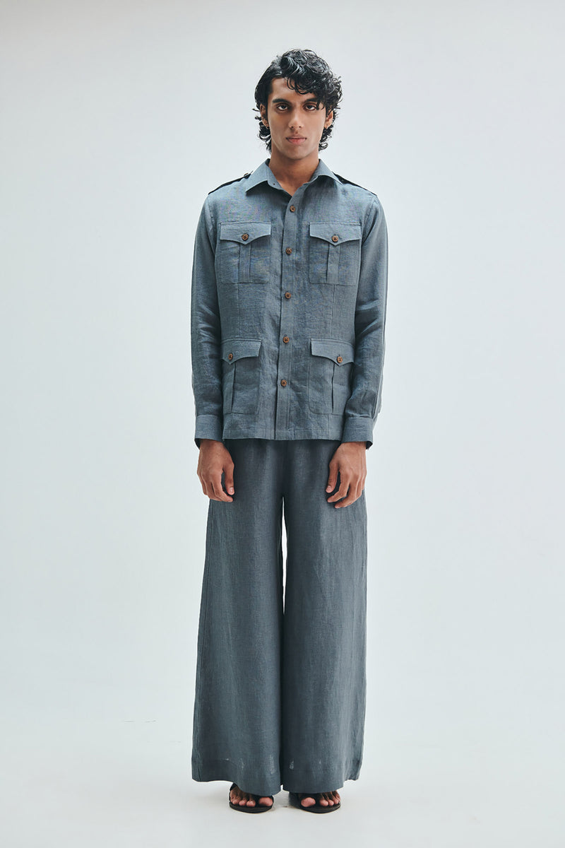 Slate Linen Men’s Safari Overshirt linen shirt by Saphed Men in grey for men Worldwide