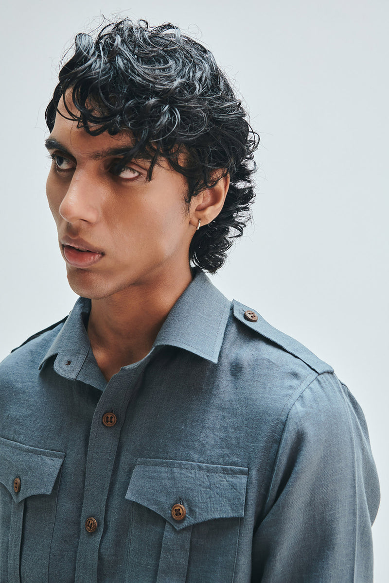 Slate Linen Men’s Safari Overshirt linen shirt by Saphed Men in grey for men Worldwide