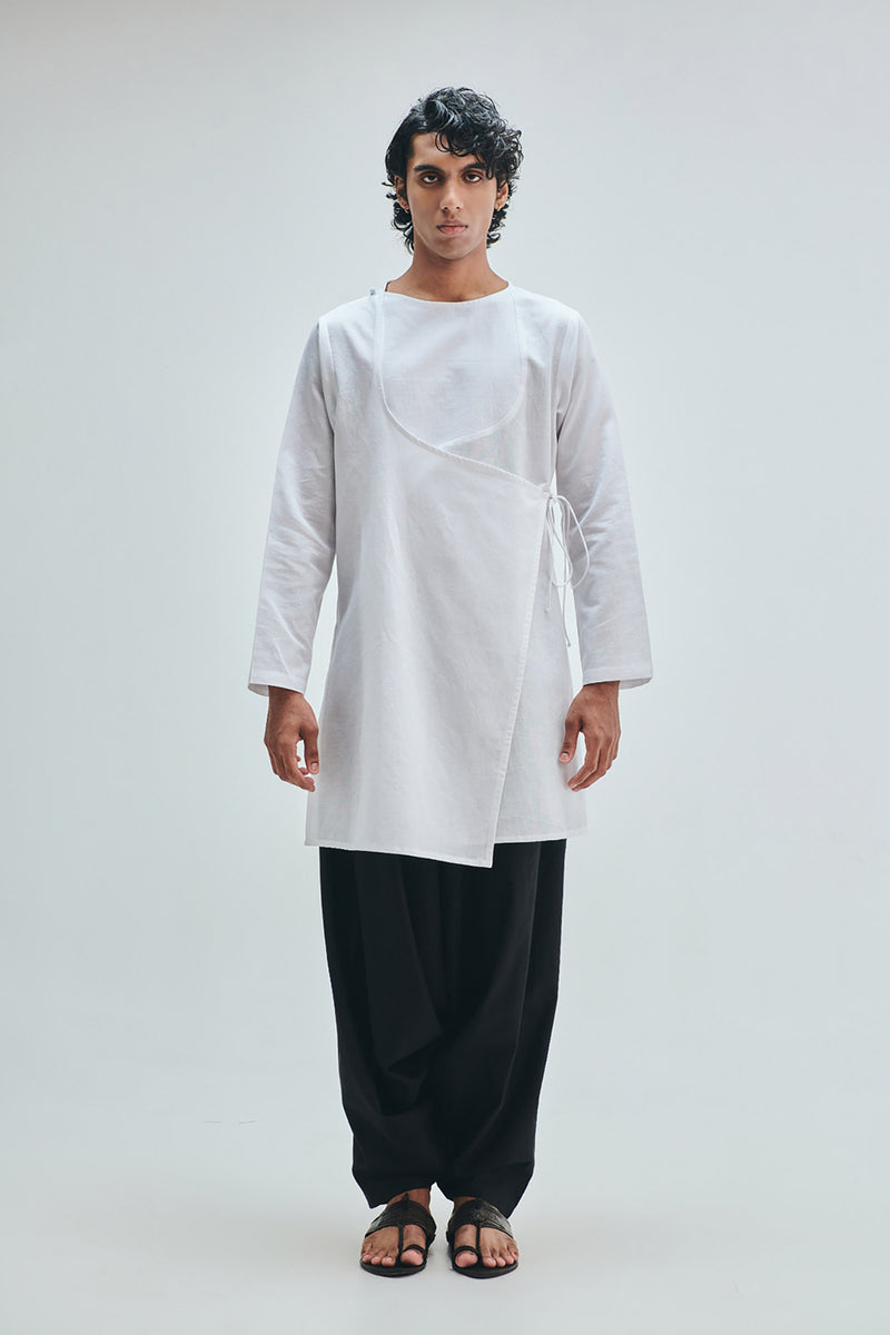 Taj Co-Linen Men’s Angrakha Kurta Set cotton linen kurta/kurta set by Saphed Men in white for men Worldwide