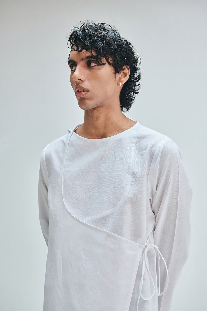 Taj Co-Linen Men’s Angrakha Kurta cotton linen kurta/kurta set by Saphed Men in white for men Worldwide