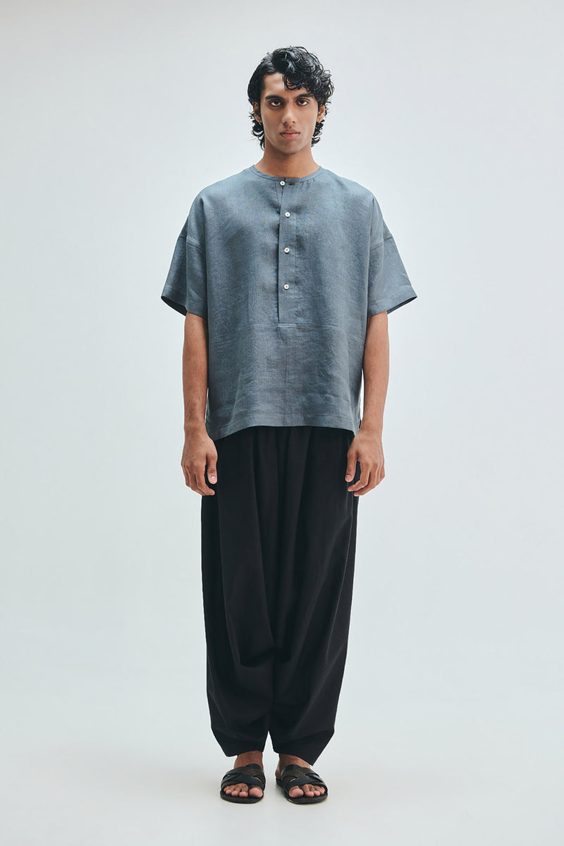 Slate Linen Men’s Half Sleeves Panelled Shirt Kurta linen shirt by Saphed Men in grey for men Worldwide