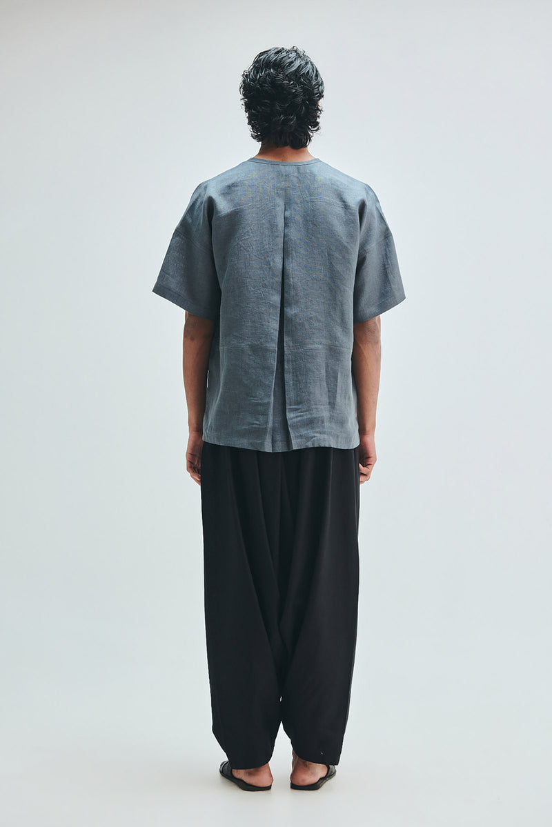 Slate Linen Men’s Half Sleeves Panelled Shirt Kurta linen shirt by Saphed Men in grey for men Worldwide