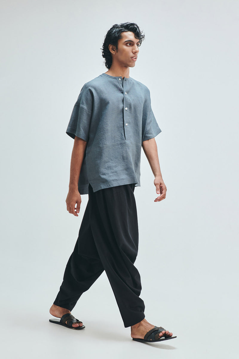 Slate Linen Men’s Half Sleeves Panelled Shirt Kurta linen shirt by Saphed Men in grey for men Worldwide