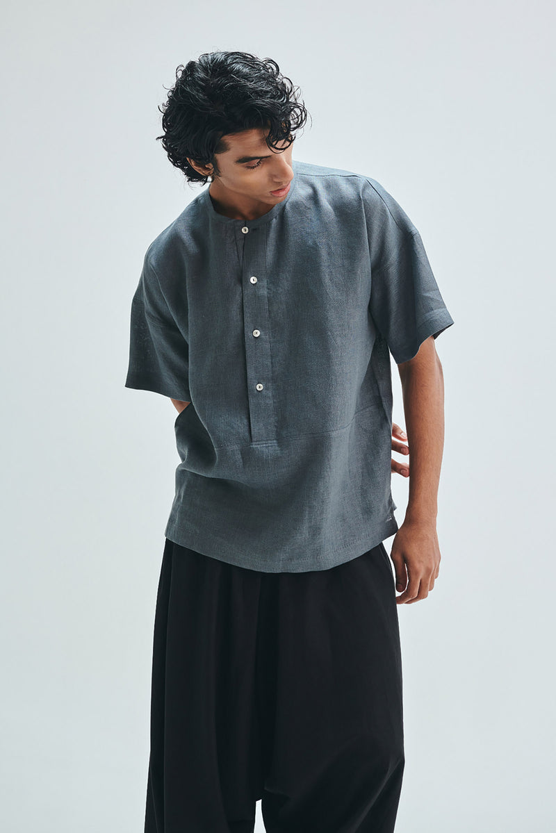 Slate Linen Men’s Half Sleeves Panelled Shirt Kurta linen shirt by Saphed Men in grey for men Worldwide