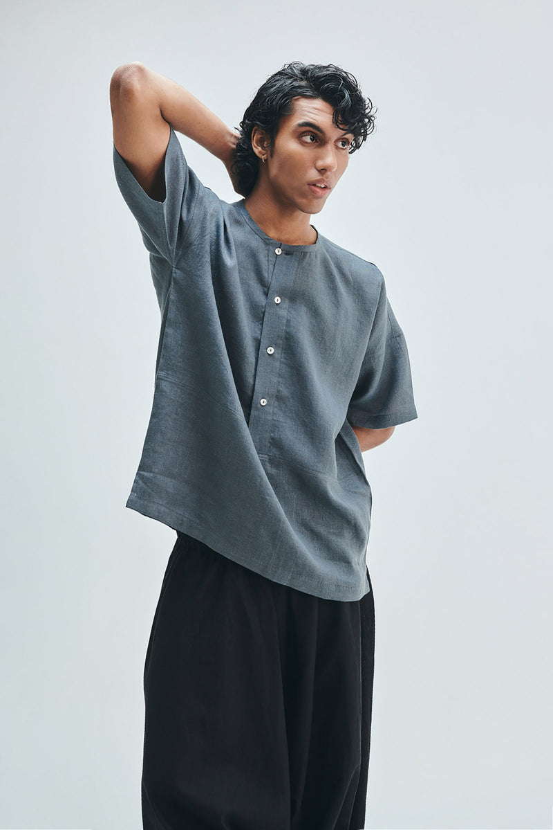 Slate Linen Men’s Side Placket Shirt linen shirt by Saphed Men in grey for men Worldwide