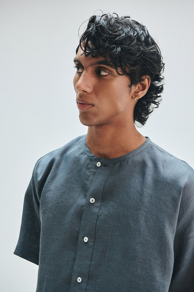 Slate Linen Men’s Half Sleeves Panelled Shirt Kurta linen shirt by Saphed Men in grey for men Worldwide