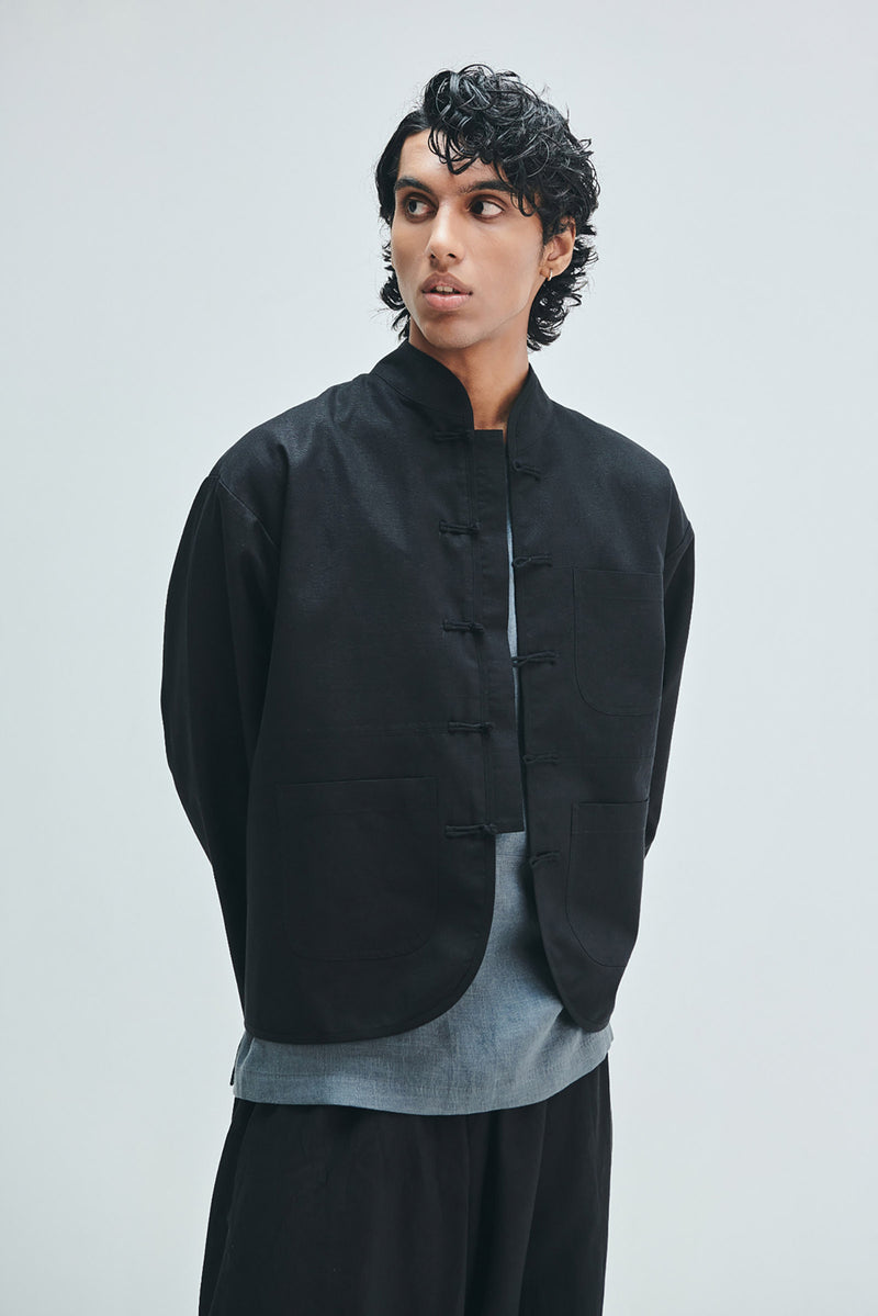 Kohl Co-Linen Men’s Mandarin Collar Jacket cotton linen jacket by Saphed Men in black for men Worldwide