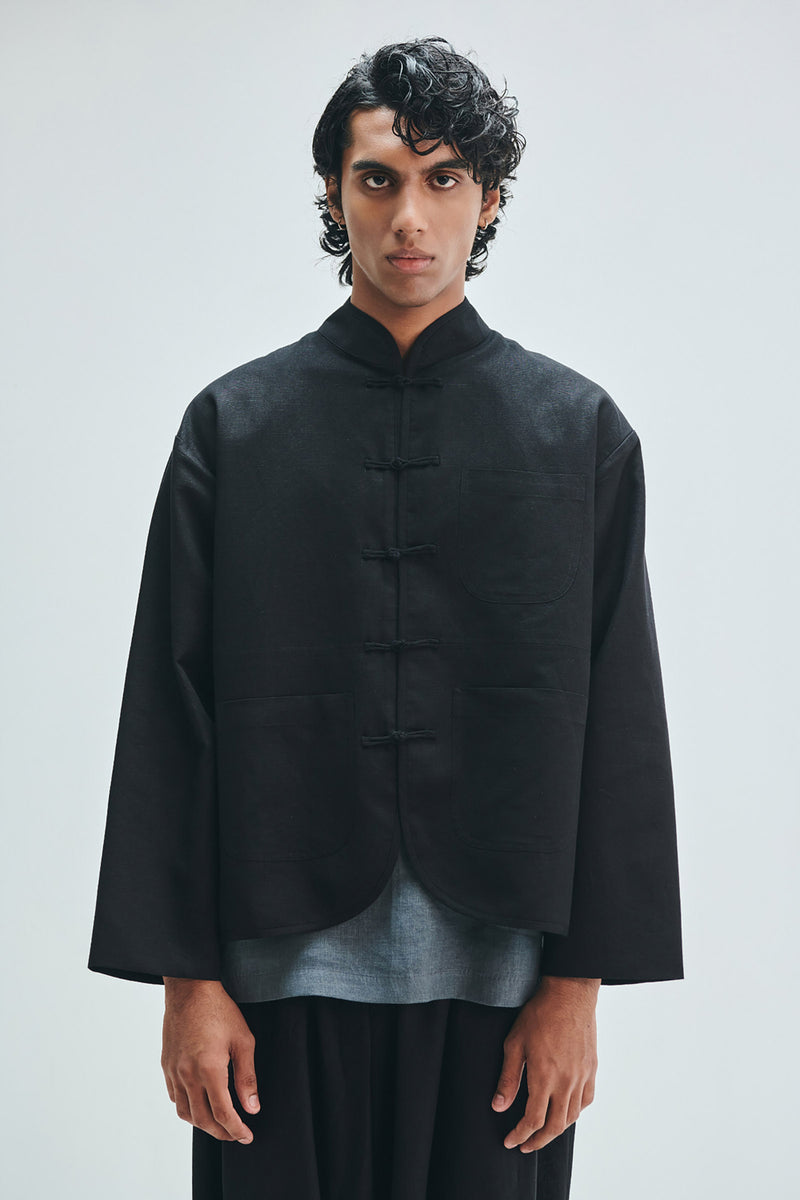 Kohl Co-Linen Men’s Mandarin Collar Jacket cotton linen jacket by Saphed Men in black for men Worldwide