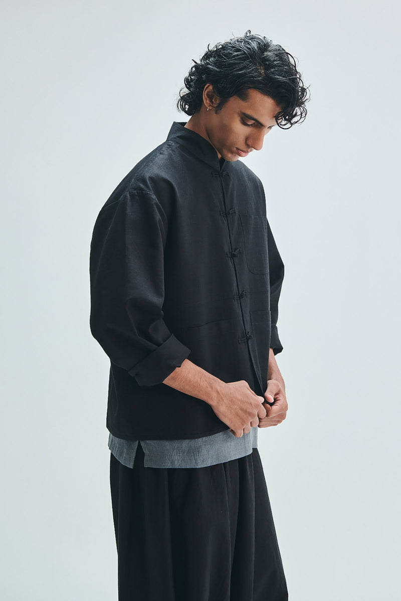 Kohl Co-Linen Men’s Mandarin Collar Jacket cotton linen jacket by Saphed Men in black for men Worldwide