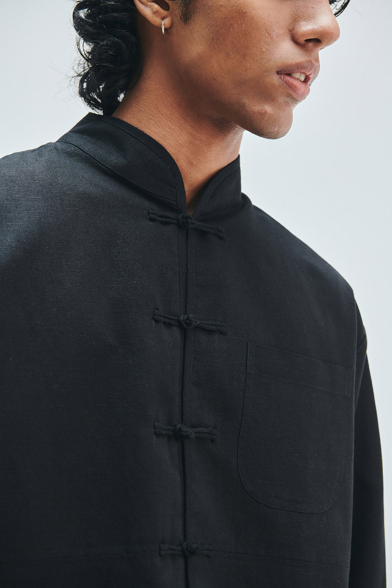 Kohl Co-Linen Men’s Mandarin Collar Jacket cotton linen jacket by Saphed Men in black for men Worldwide