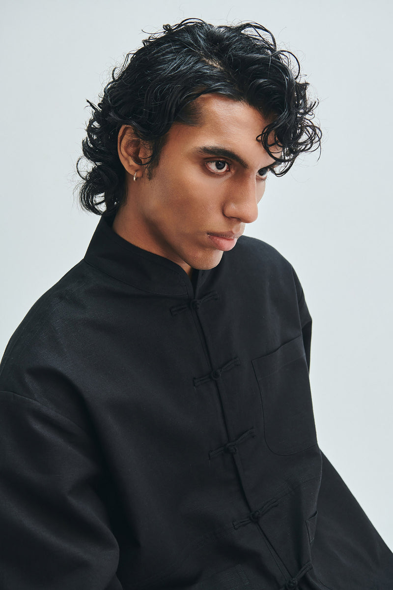 Kohl Co-Linen Men’s Mandarin Collar Jacket cotton linen jacket by Saphed Men in black for men Worldwide
