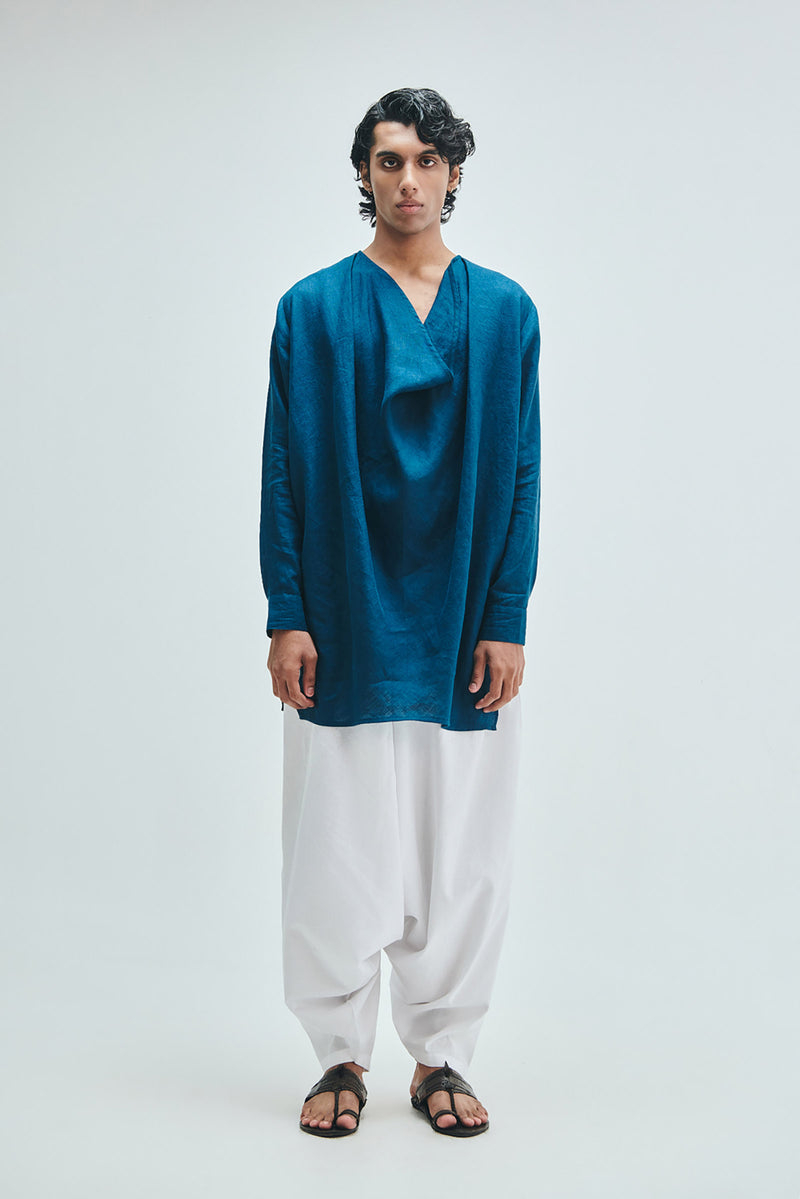 Indigo Linen Men’s Cowl Neck Kurta linen kurta/kurta set by Saphed Men in blue for men Worldwide