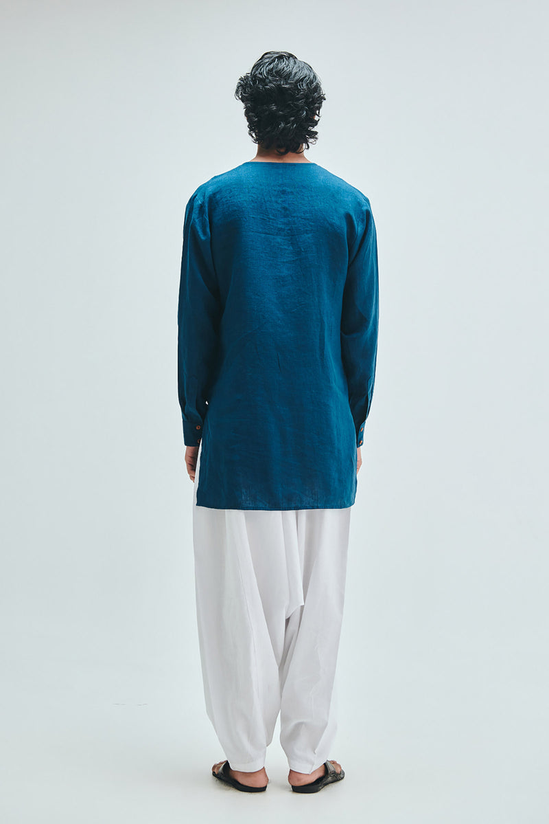 Indigo Linen Men’s Cowl Neck Kurta linen kurta/kurta set by Saphed Men in blue for men Worldwide