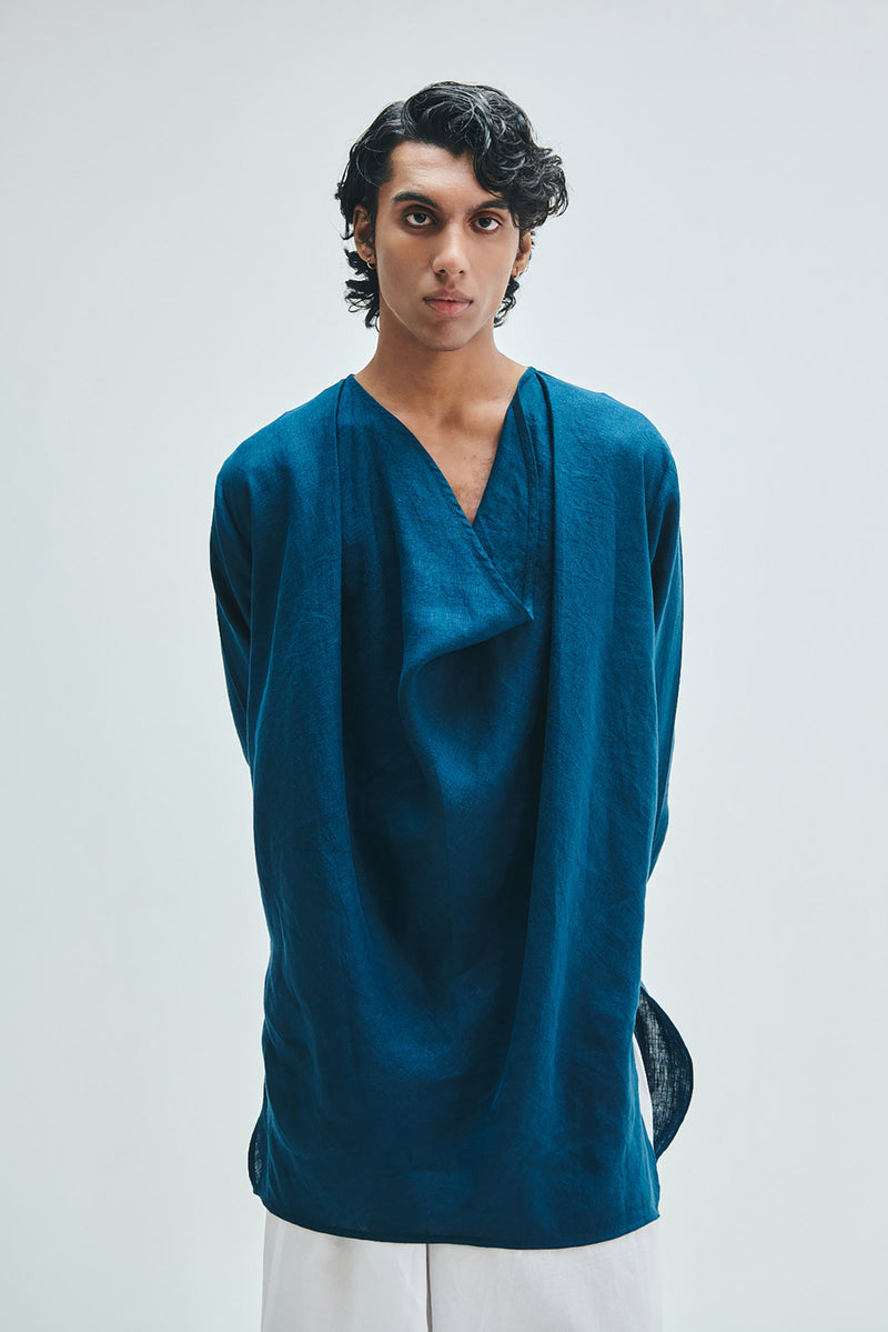 Indigo Linen Men’s Cowl Neck Kurta linen kurta/kurta set by Saphed Men in blue for men Worldwide
