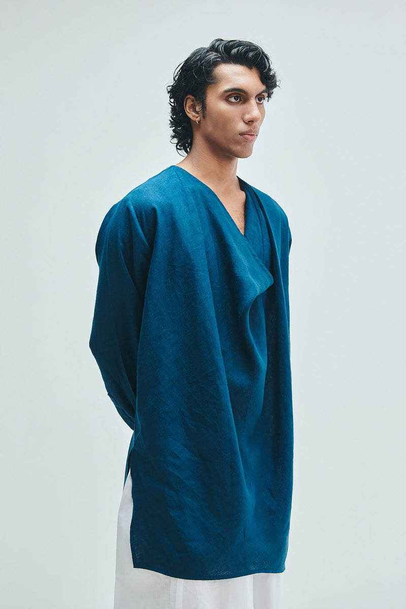 Indigo Linen Men’s Cowl Neck Kurta linen kurta/kurta set by Saphed Men in blue for men Worldwide