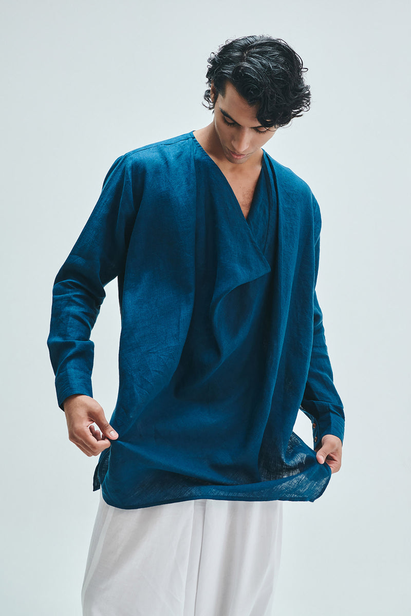 Indigo Linen Men’s Cowl Neck Kurta linen kurta/kurta set by Saphed Men in blue for men Worldwide
