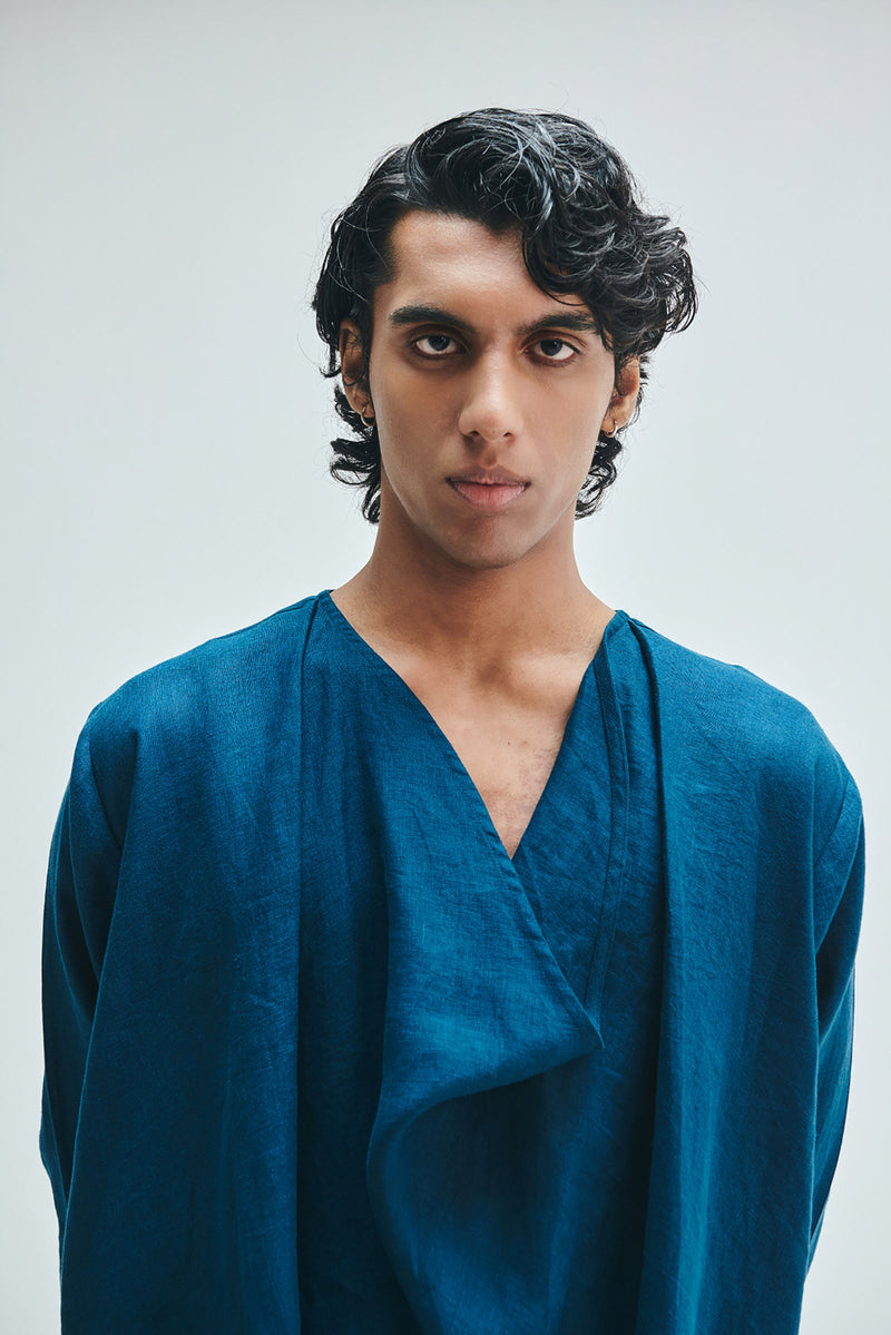 Indigo Linen Men’s Cowl Neck Kurta linen kurta/kurta set by Saphed Men in blue for men Worldwide