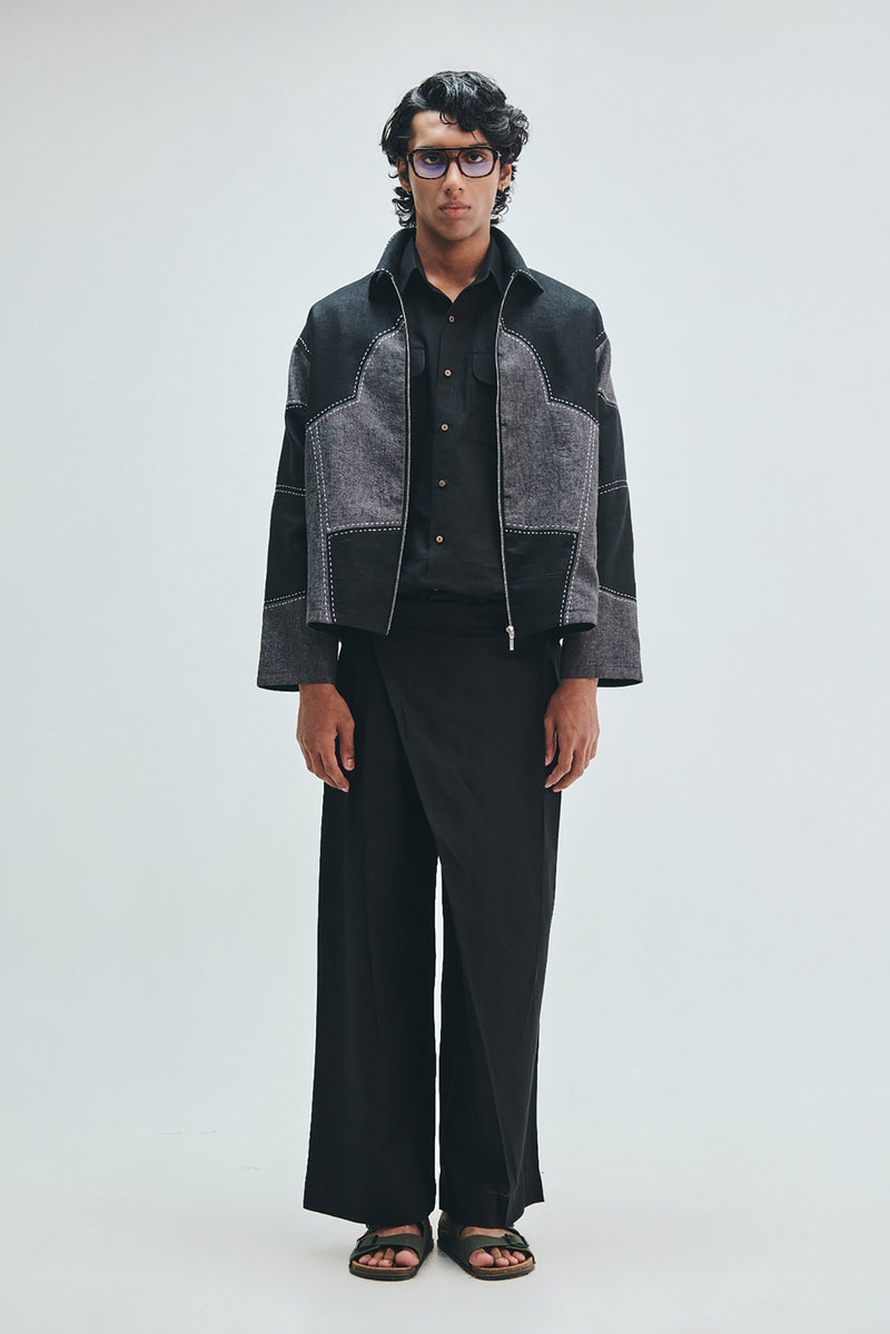 Linen Kantha Men’s Applique Panelled Jacket linen jacket by Saphed Men in black for men Worldwide
