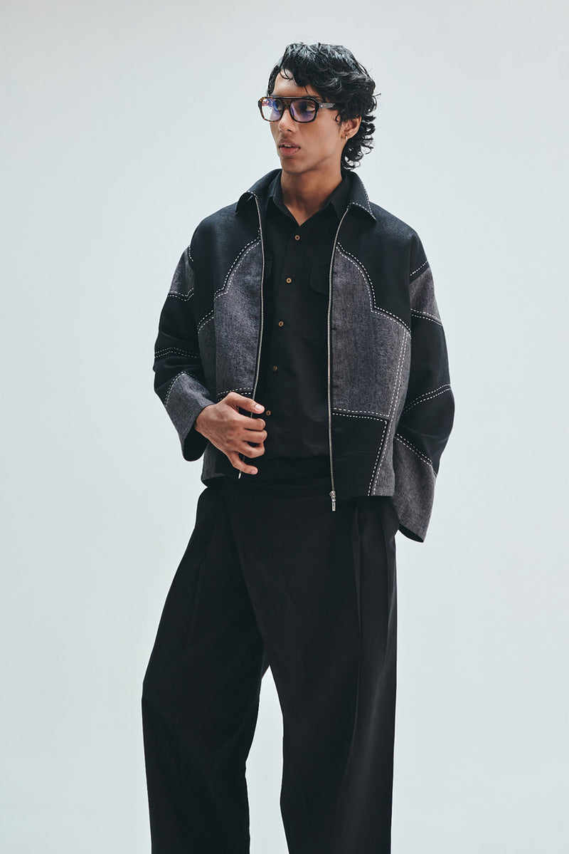 Linen Kantha Men’s Applique Panelled Jacket linen jacket by Saphed Men in black for men Worldwide