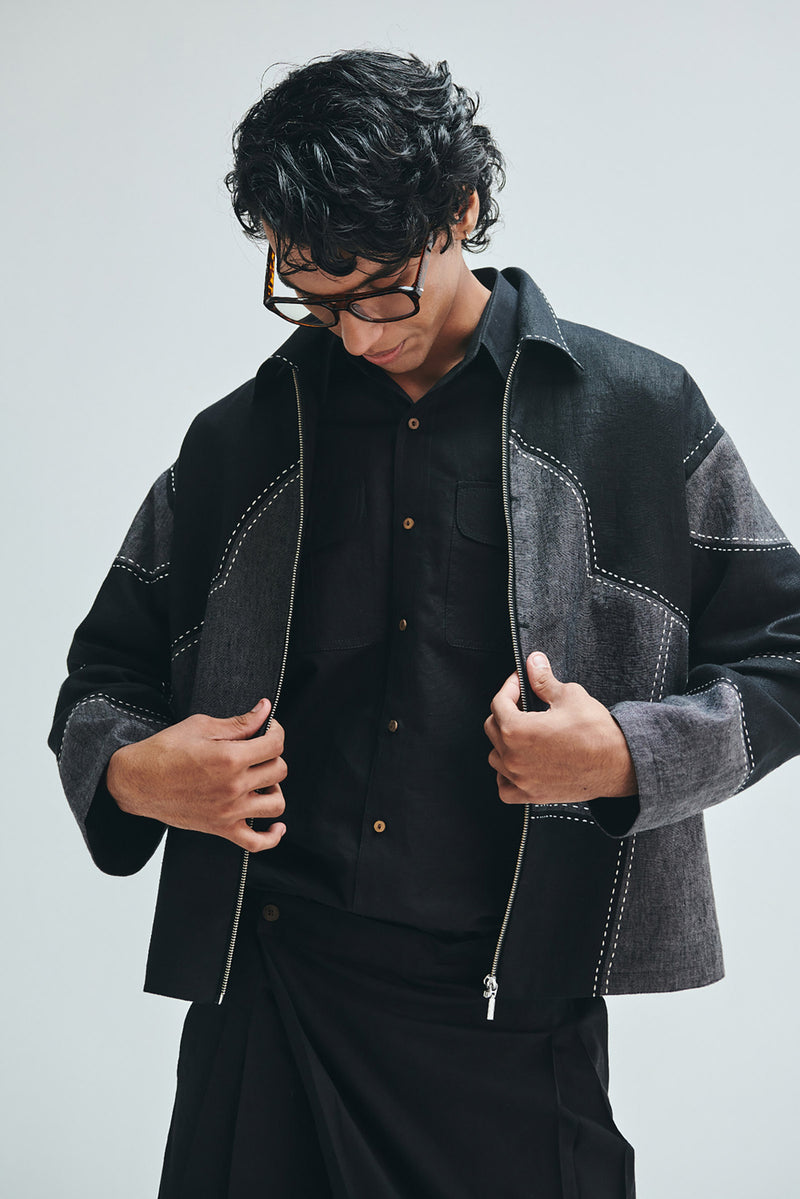 Linen Kantha Men’s Applique Panelled Jacket linen jacket by Saphed Men in black for men Worldwide