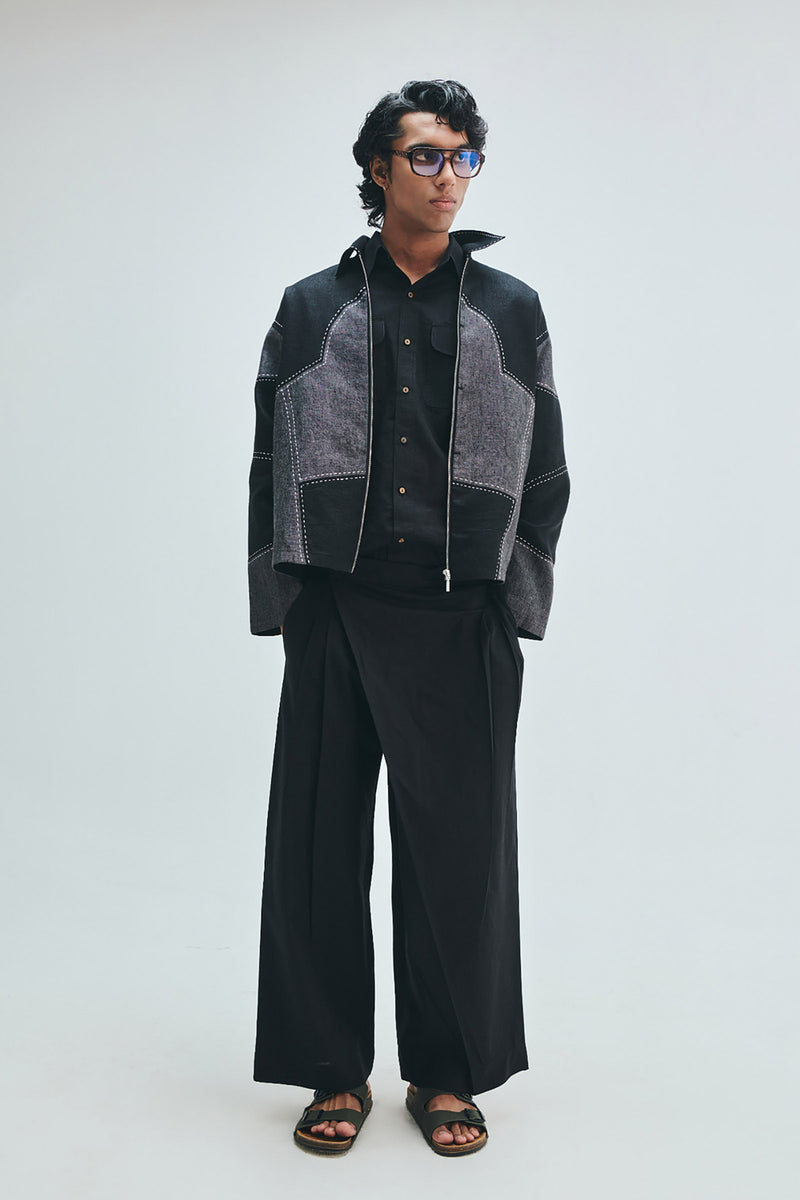 Linen Kantha Men’s Applique Panelled Jacket linen jacket by Saphed Men in black for men Worldwide