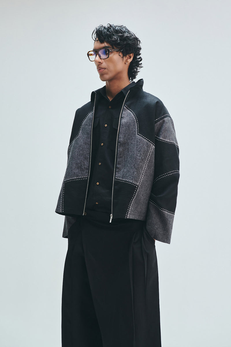 Linen Kantha Men’s Applique Panelled Jacket linen jacket by Saphed Men in black for men Worldwide