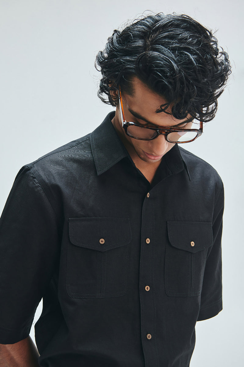 Kohl Co-Linen Men’s Flap Pocket Shirt cotton linen shirt by Saphed Men in black for men Worldwide