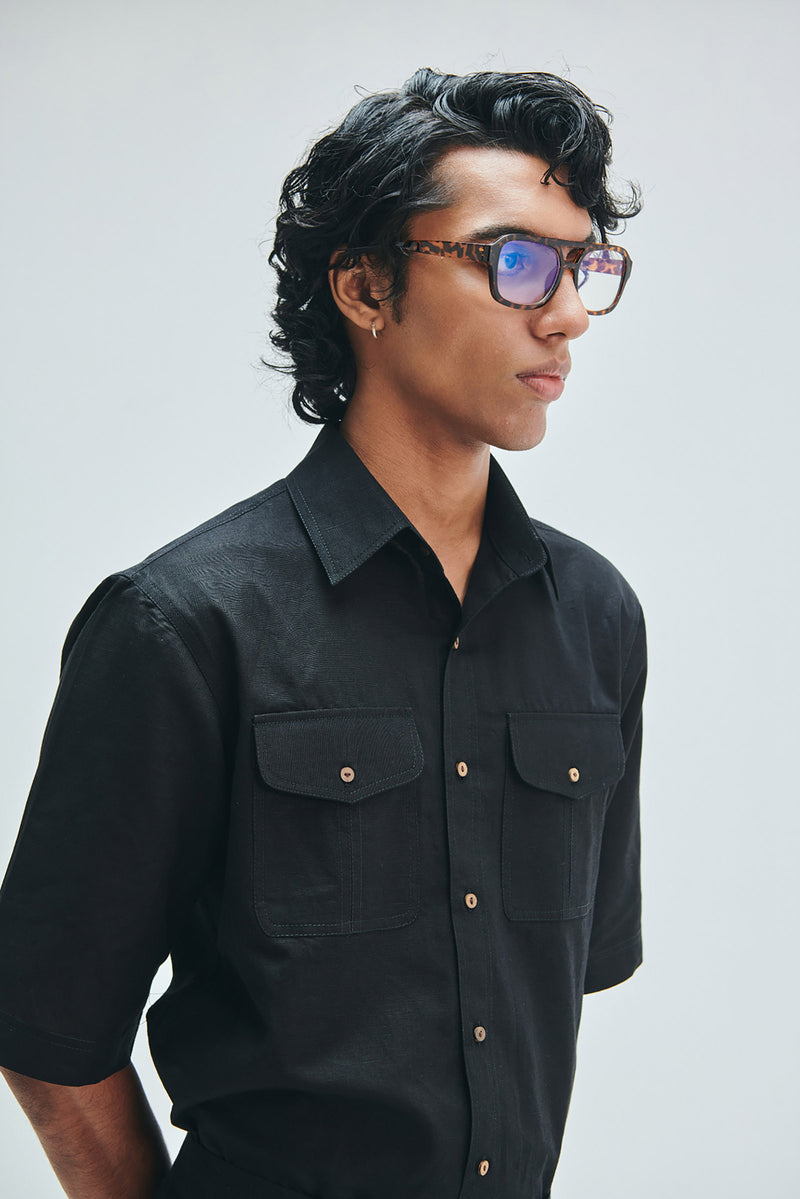 Kohl Co-Linen Men’s Flap Pocket Shirt cotton linen shirt by Saphed Men in black for men Worldwide
