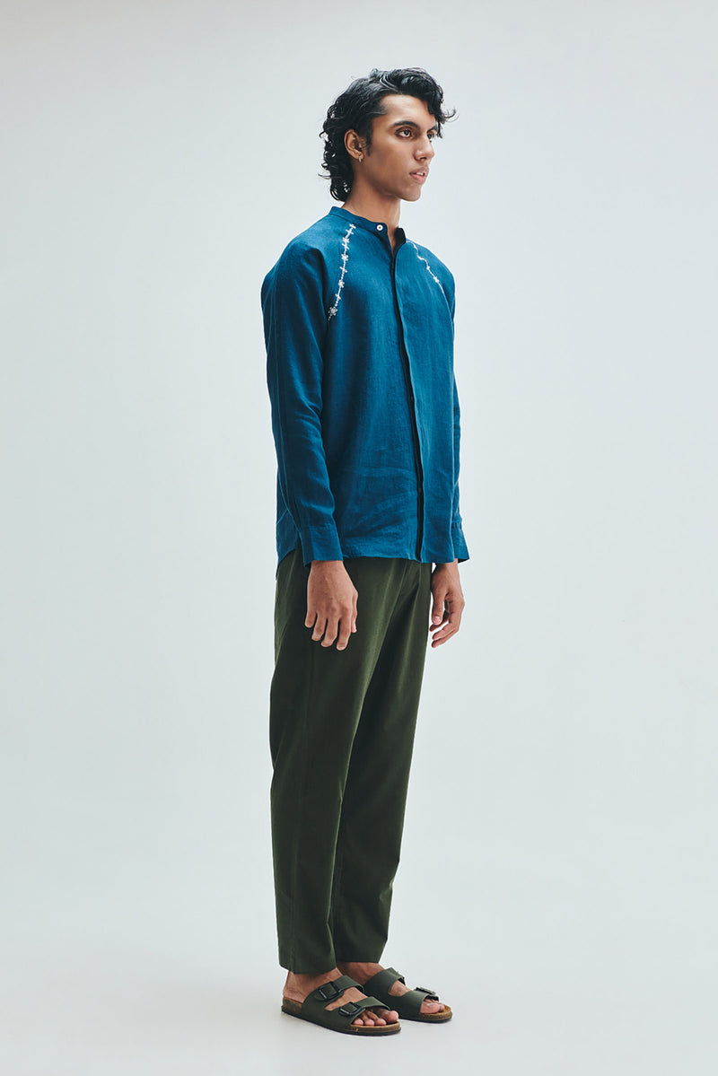 Indigo Linen Embroidered Men’s Raglan Shirt linen shirt by Saphed Men in blue for men Worldwide