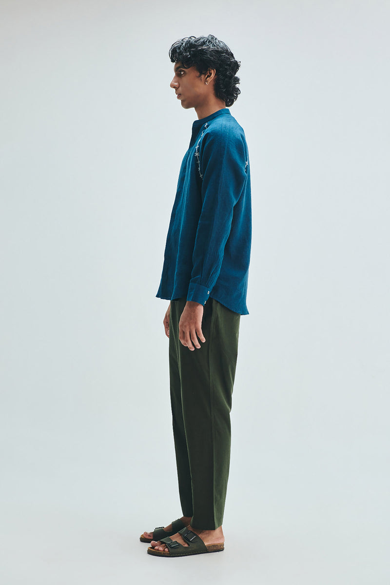 Indigo Linen Embroidered Men’s Raglan Shirt linen shirt by Saphed Men in blue for men Worldwide