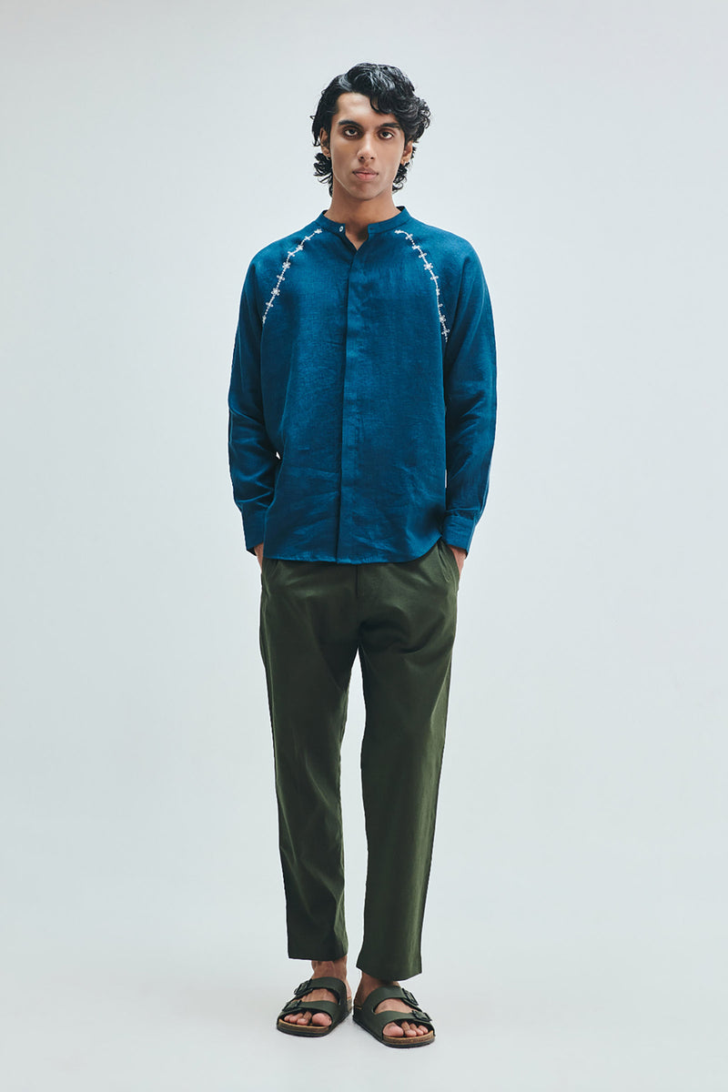 Indigo Linen Embroidered Men’s Raglan Shirt linen shirt by Saphed Men in blue for men Worldwide