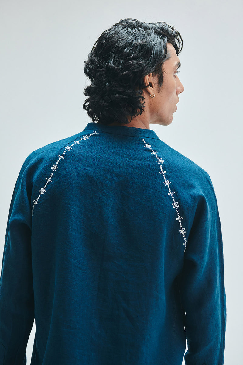 Indigo Linen Embroidered Men’s Raglan Shirt linen shirt by Saphed Men in blue for men Worldwide