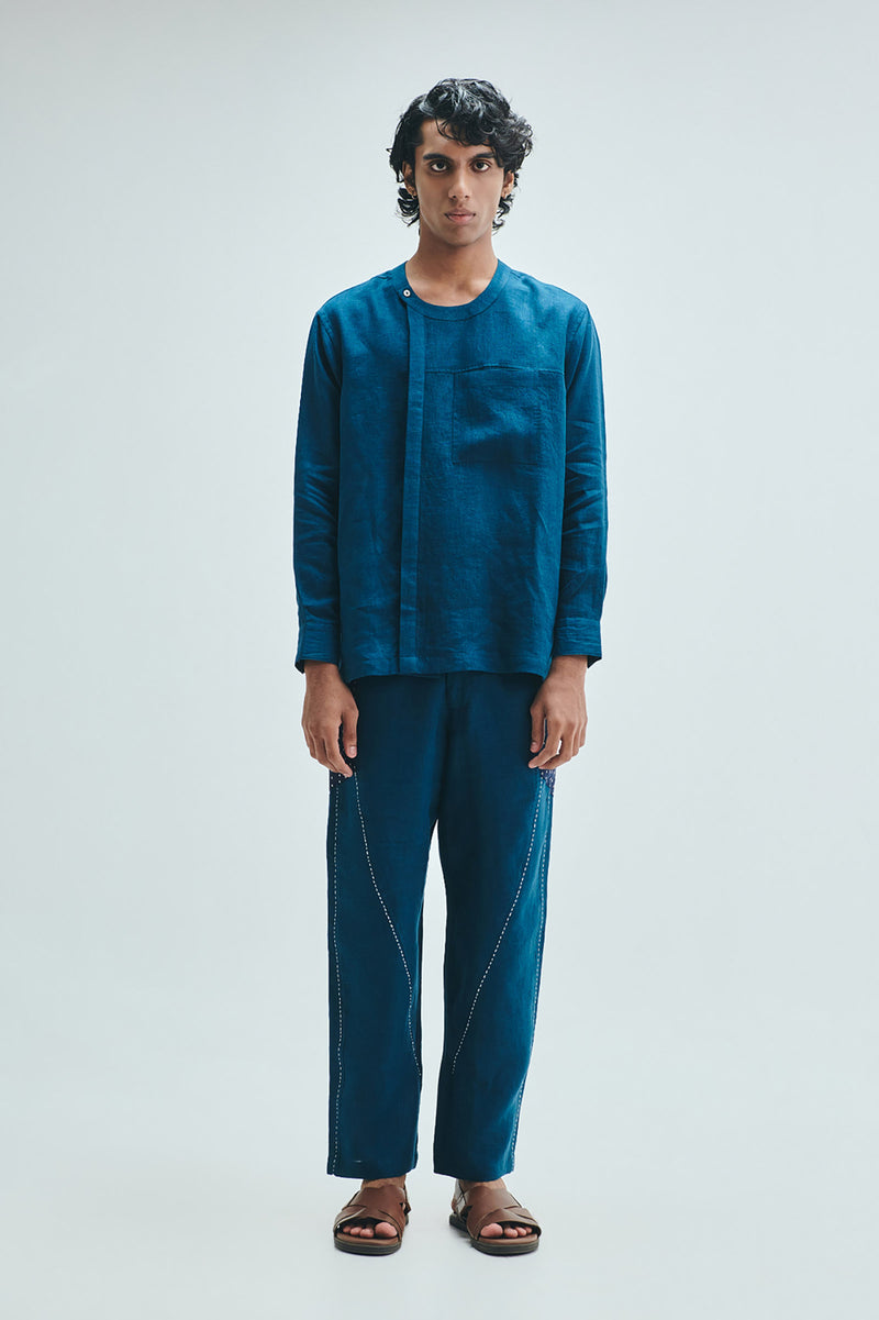 Indigo Linen Men’s Side Placket Shirt linen shirt by Saphed Men in blue for men Worldwide