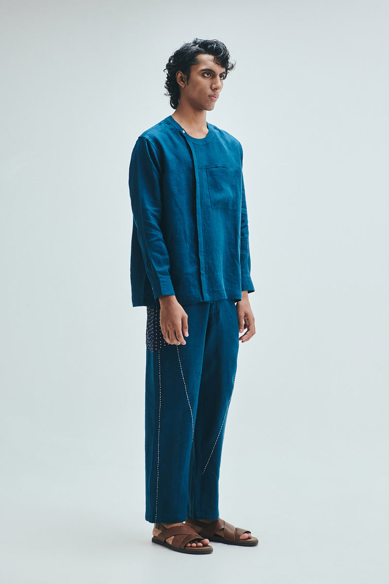 Indigo Linen Kantha Men’s Panelled Pants linen pant/trouser by Saphed Men in blue for men Worldwide