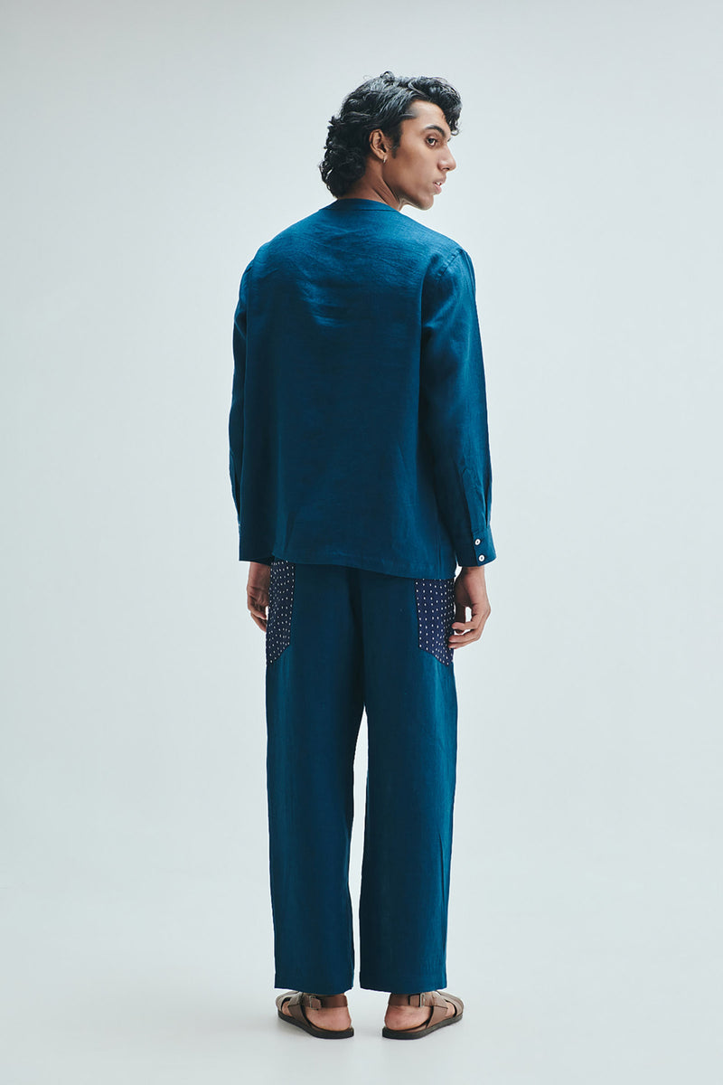 Indigo Linen Kantha Men’s Panelled Pants linen pant/trouser by Saphed Men in blue for men Worldwide